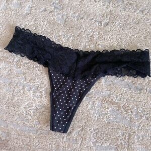 Victoria’s Secret Thong Panties Black Lace Cotton Polka Dot Used: Small